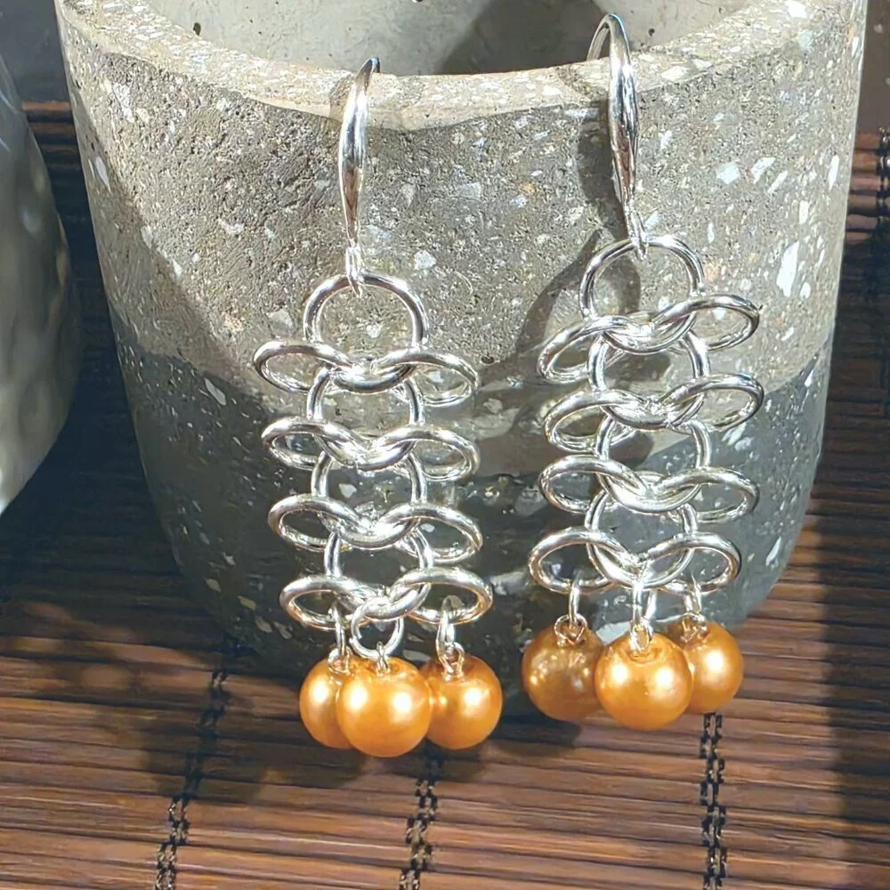 Handmade Champagne Gold Glass Pearl Sterling Silver Plated Chainmaille Earrings